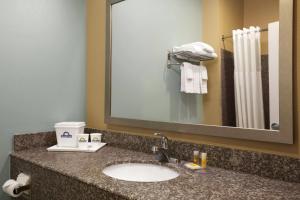 a bathroom with a sink and a mirror at Days Inn & Suites by Wyndham Gonzales TX in Gonzales