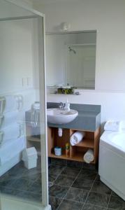 a bathroom with a sink and a mirror at Riverview Motel in Whanganui