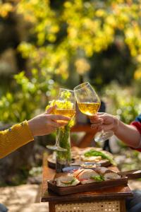 two people holding glasses of wine on a table at Saraaya Glamps, Dharamshala in Dharamshala