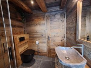 a log cabin bathroom with a sink and a toilet at Chalet La Grange à Philippe in Evolène