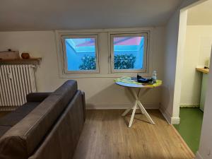 a living room with a couch and a table and two windows at NK House in Pero