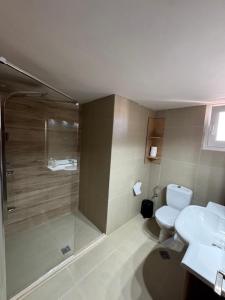 a bathroom with a shower and a toilet and a sink at Molos Beach Rooms in Kissamos