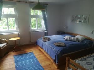 a bedroom with a blue bed and two windows at Alte Schule Nausdorf in Lenzen