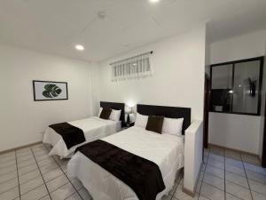two beds in a room with white walls at Hotel NASS del Sur in Cuenca +52 photos