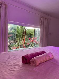 a purple bedroom with a bed with a large window at Covil das Trilhas Coliving SÓ PARA MULHERES in Lençóis