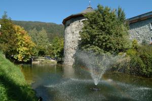 a water fountain in the middle of a river at Chalet Sunnseitn in Radstadt