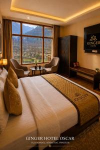 a hotel room with a large bed and a large window at Hotel Oscar By Ginger Hotels Chain Near Club House Road Manali Luxury Rooms Best Hotel In Manali !!!!! in Manāli