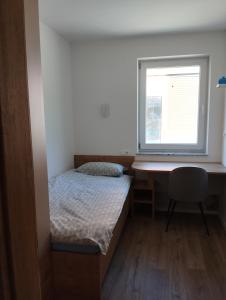 a bedroom with a bed and a desk and a window at POČITNIŠKA HIŠA Jan in Mišji Dol
