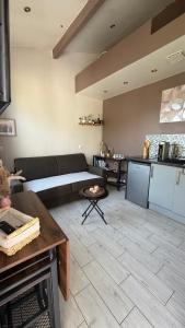 a living room with a couch and a kitchen at Mini studio et espace extérieur in Méry-sur-Oise +15 photos