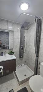 a bathroom with a shower and a sink and a toilet at Alma-Librehouse in Kefalos
