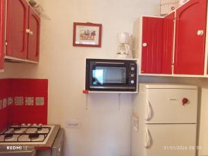 a microwave on top of a refrigerator in a kitchen at STOP mon grand F2 face au parc des Écrins in Orcières