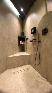 a bathroom with a shower and stairs in a room at D'Arte Suite in Tal-Liedna
