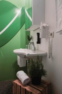 a bathroom with a sink and a green wall at BergBaur in Neukirchen am Großvenediger +53 photos