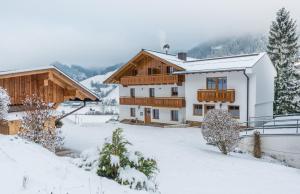 a house in a snow covered yard with trees at Apartments Frechhof in Schladming