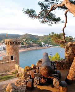 a cannon sitting on top of a hill next to the water at Pensión Jordi Tossa de Mar in Tossa de Mar