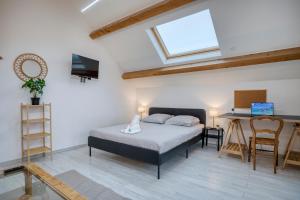 a bedroom with a bed and a desk and a window at COLIVING - bedroom Salon & TV in Saint-Jean-de-Gonville
