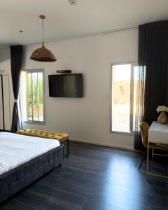 a bedroom with a bed and a tv on the wall at סוויטת בית ינאי in Beit-Herut