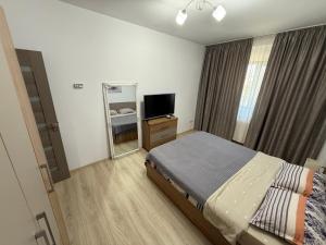 a bedroom with a bed and a tv and a mirror at Silver Residence Caracal in Caracal