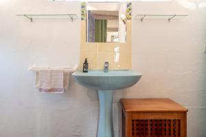 a bathroom with a blue sink and a mirror at La Petite Maison in Puimoisson