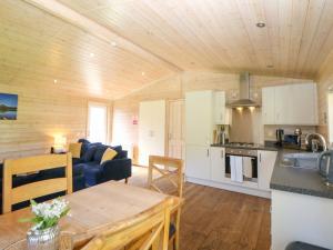 a kitchen and living room with a wooden ceiling at Dovestone Luxury Lodges sleeps 6 - pet free in Oldham