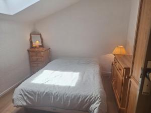 a bedroom with a bed and a dresser and a mirror at Duplex au calme vue montagne in Abondance