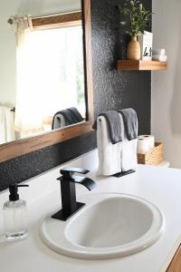 a bathroom counter with a sink and a mirror at Pondside Abode in Dundee +34 photos
