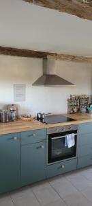 a kitchen with blue cabinets and a stove top oven at Atma Guesthouse - cozy and simple farmhouse bed & breakfast in Marstal