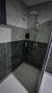 a shower with a shower head in a bathroom at Spacious accommodation with city views in Haï Khemisti +19 photos