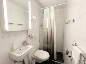a white bathroom with a toilet and a sink at Hotel Hechtplatz Self Check In in Zurich