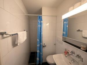 a bathroom with a shower and a toilet and a sink at Hotel Hechtplatz Self Check In in Zurich +5 photos