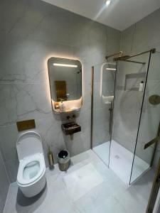 a bathroom with a toilet and a shower at 4 Bayswater in New Brighton +26 photos
