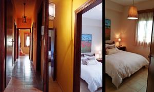 two pictures of a bedroom with a bed and a mirror at Agape in Kala Nera