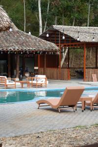 a pool with two lounge chairs next to a building at Loop Tribe Hostel in Ha Giang