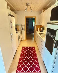 a kitchen with a red rug on the floor at Hemsö Hideaway in Kojbacken +5 photos