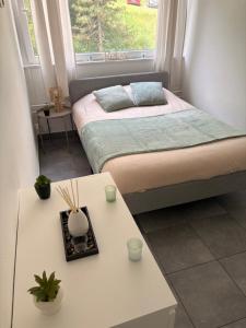 a bedroom with a bed and a table and a window at Douce escale lumineuse à Nancy in Nancy