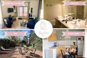 a collage of three pictures of a kitchen and a bathroom at Studio Revy 1 - Centre ville in Néris-les-Bains