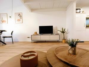 a living room with a tv and a table at Südsteirer Suite in Bad Radkersburg