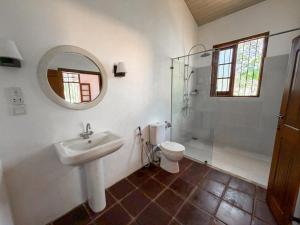 a bathroom with a sink and a toilet and a mirror at The Surveyor's Bungalow in Udugampola +22 photos