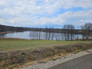 a view of a lake with trees and a field at Michal in Tleń