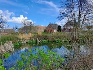 a house in a field next to a river at Ferienwohnung Morgenstern in Ausacker