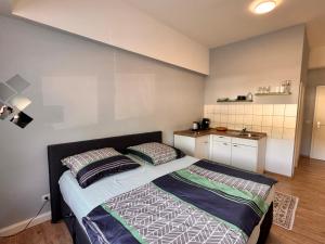 a bedroom with a large bed with two pillows at Fuchsbau Komfort Zimmer in Nordhausen +6 photos