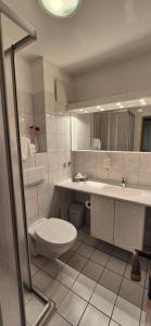 ein Badezimmer mit Toilette, Waschbecken und Spiegel in der Unterkunft Hotel Mecklenburger Mühle Garni in Wismar + 24 Fotos