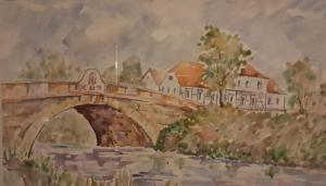 a painting of a bridge over a river at Marienthal in Ingersleben