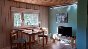 a living room with a table and a television at Marienthal in Ingersleben