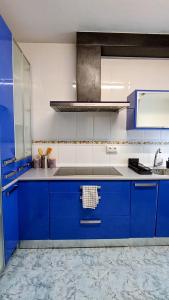 a kitchen with blue cabinets and a sink at El balcón de Mafalda in Villarcayo +11 photos