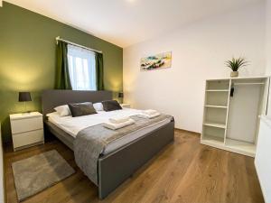 a bedroom with a large bed and green walls at NOVA House Apartments in Delniţa +26 photos