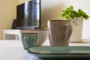two coffee cups sitting on a table with a plate at Ferienwohnung Gartengeschoss in Durbach