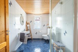 a bathroom with a toilet and a sink at Ferienwohnung Erdgeschoss in Durbach +31 photos