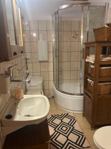 a bathroom with a sink and a shower and a toilet at Dom wakacyjny Podlas in Żywiec +47 photos