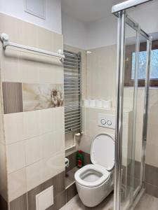 a bathroom with a toilet and a glass shower at Apartament Faleza Nord in Constanţa +34 photos